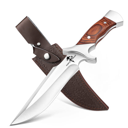 Purple Dragon Survival Messer HW13 mit fester Klinge und Lederscheide, Edelstahlklinge mit Redwood-Griff