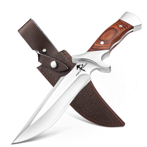 Purple Dragon Survival Messer HW13 mit fester Klinge und Lederscheide, Edelstahlklinge mit Redwood-Griff