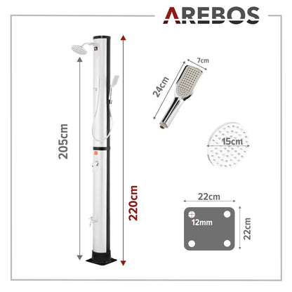 Arebos Solardusche 40 L mit Thermometer und Fussdusche, Silber