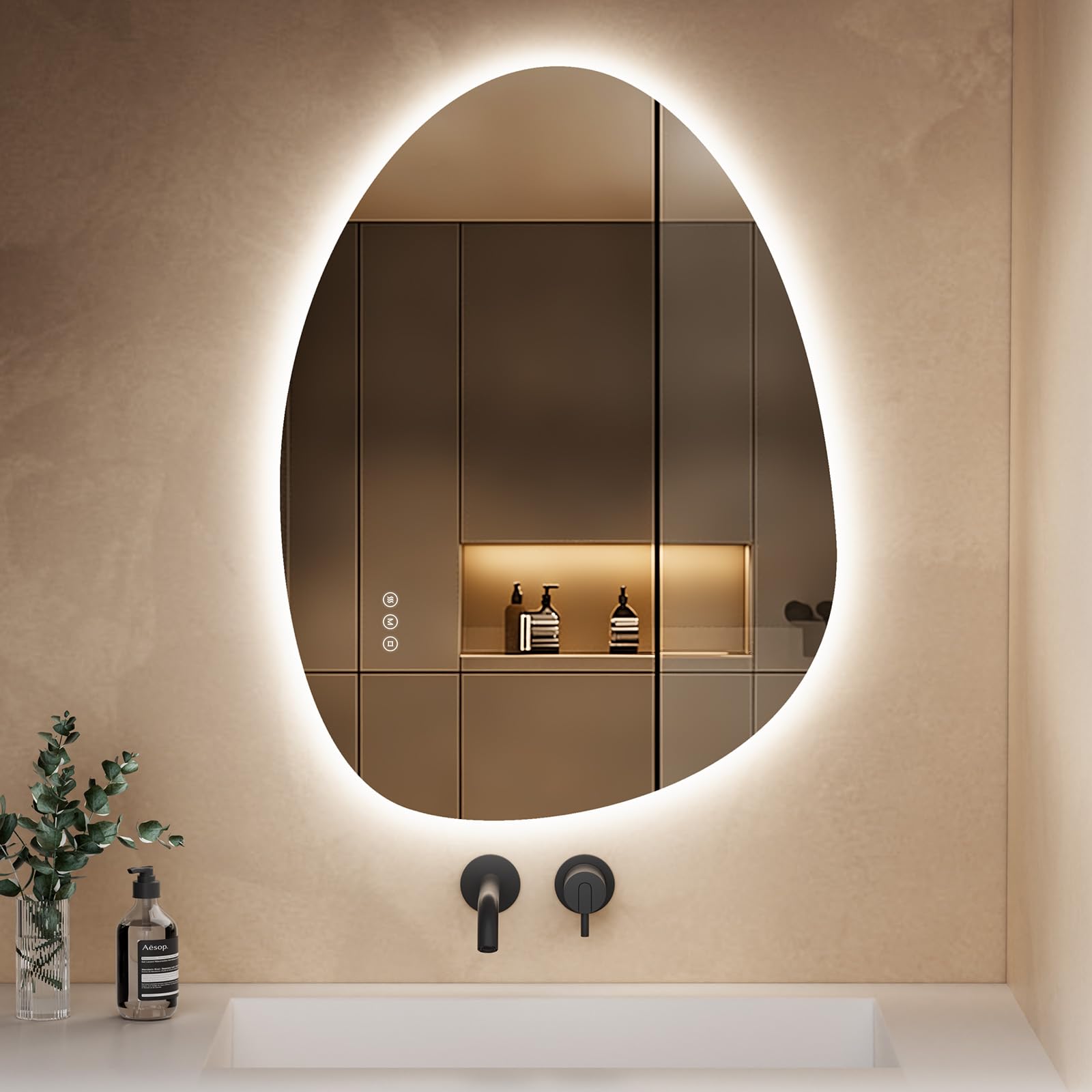 S'AFIELINA Asymmetrischer LED Badspiegel 75x55cm – Dimmbar, Beschlagfrei. Dimmbare LED-Beleuchtung und integrierte Heizmatte für klares Sichtfeld im Bad.