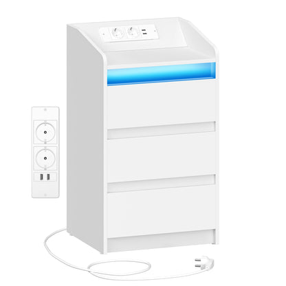 Hzuaneri Nachttisch NS40003X: Rechteckig, weiss, mit 3 Schubladen. Integrierte Ladestation und LED-Beleuchtung für Nachttischbereich.