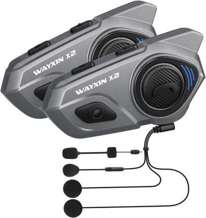 WAYXIN X2 Motorrad Intercom Bluetooth Headset mit FM Radio, 2er-Set für bis zu vier Fahrer