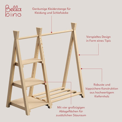 Bellabino Ryck Kleiderstange Kinder - Massivholz Natur 4 Ablagen