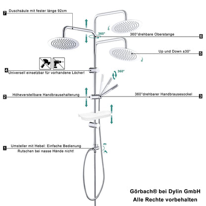 Görbach D25 Regendusche Duschsystem mit Ablage - Chrom
