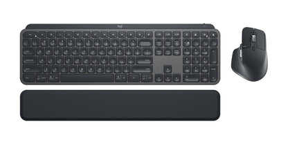 Logitech MX Keys Combo Tastatur-Maus-Set - für Business. Flache, graphitgraue Tastatur mit konkaven Tasten und passende Maus für professionelle Dateneingabe.