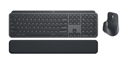 Logitech MX Keys Combo Tastatur-Maus-Set - für Business. Flache, graphitgraue Tastatur mit konkaven Tasten und passende Maus für professionelle Dateneingabe.