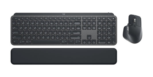 Logitech MX Keys Combo Tastatur-Maus-Set - für Business. Flache, graphitgraue Tastatur mit konkaven Tasten und passende Maus für professionelle Dateneingabe.
