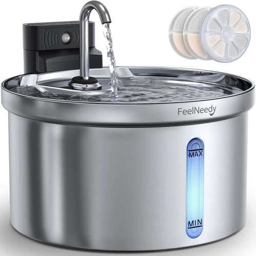 FEELNEEDY Katzenbrunnen Edelstahl 3,5 L, kabellos mit Sensor und Akku, Trinkbrunnen mit Wasserstandsfenster