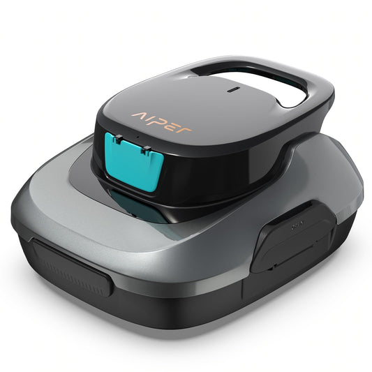 AIPER Poolroboter Kabellos – Akku Poolreiniger Flacher Boden. Kompakt, dunkelblau, rechteckig. Reinigt kabellos flache Poolböden.