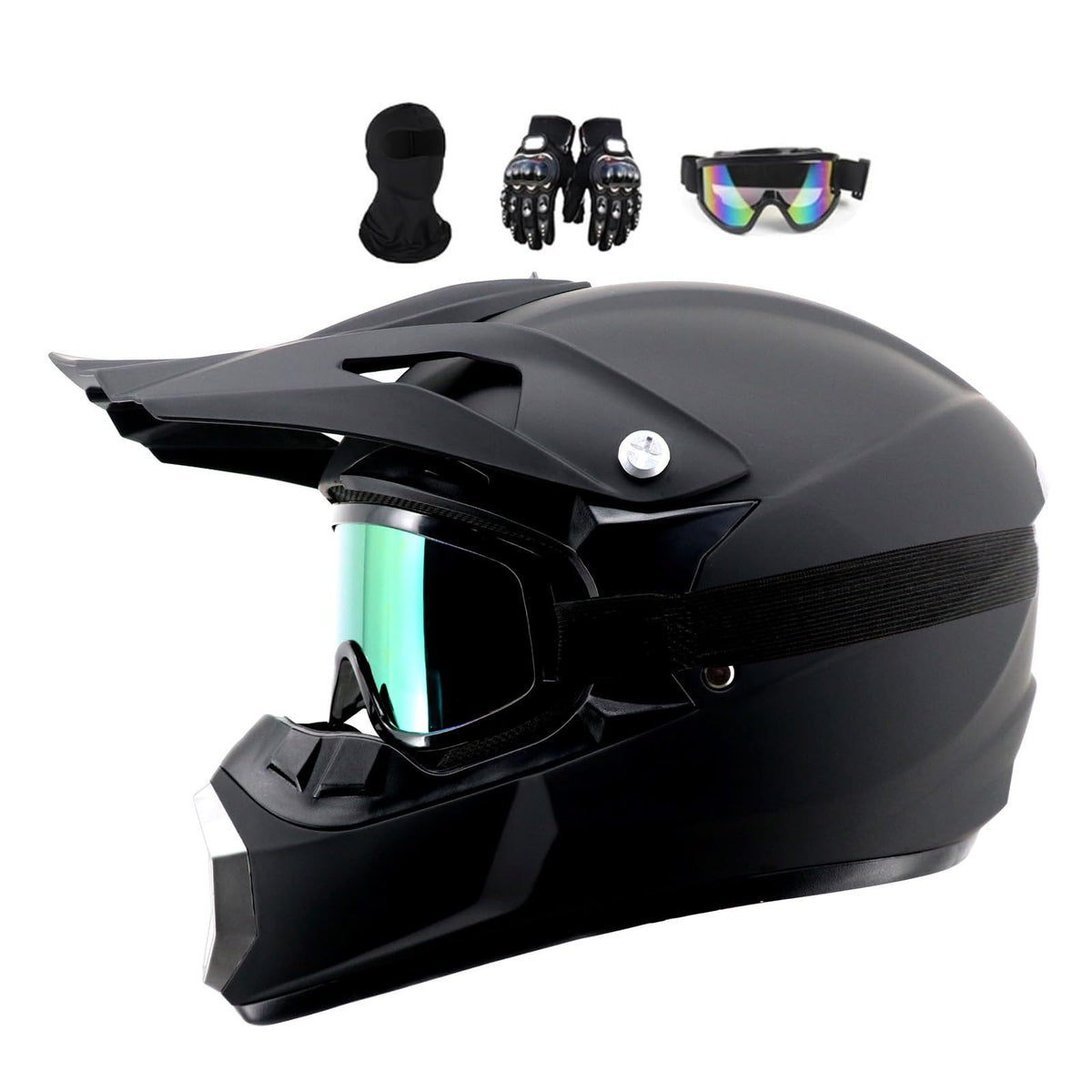 MoHelmHui Motocross Helm Fullface Set mit Brille und Handschuhen in Schwarz