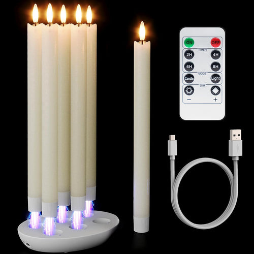 Eldnacele LED-Stabkerzen Echtwachs, wiederaufladbar, 6er-Set mit Timer, flackernde 3D-Flamme und Ladestation