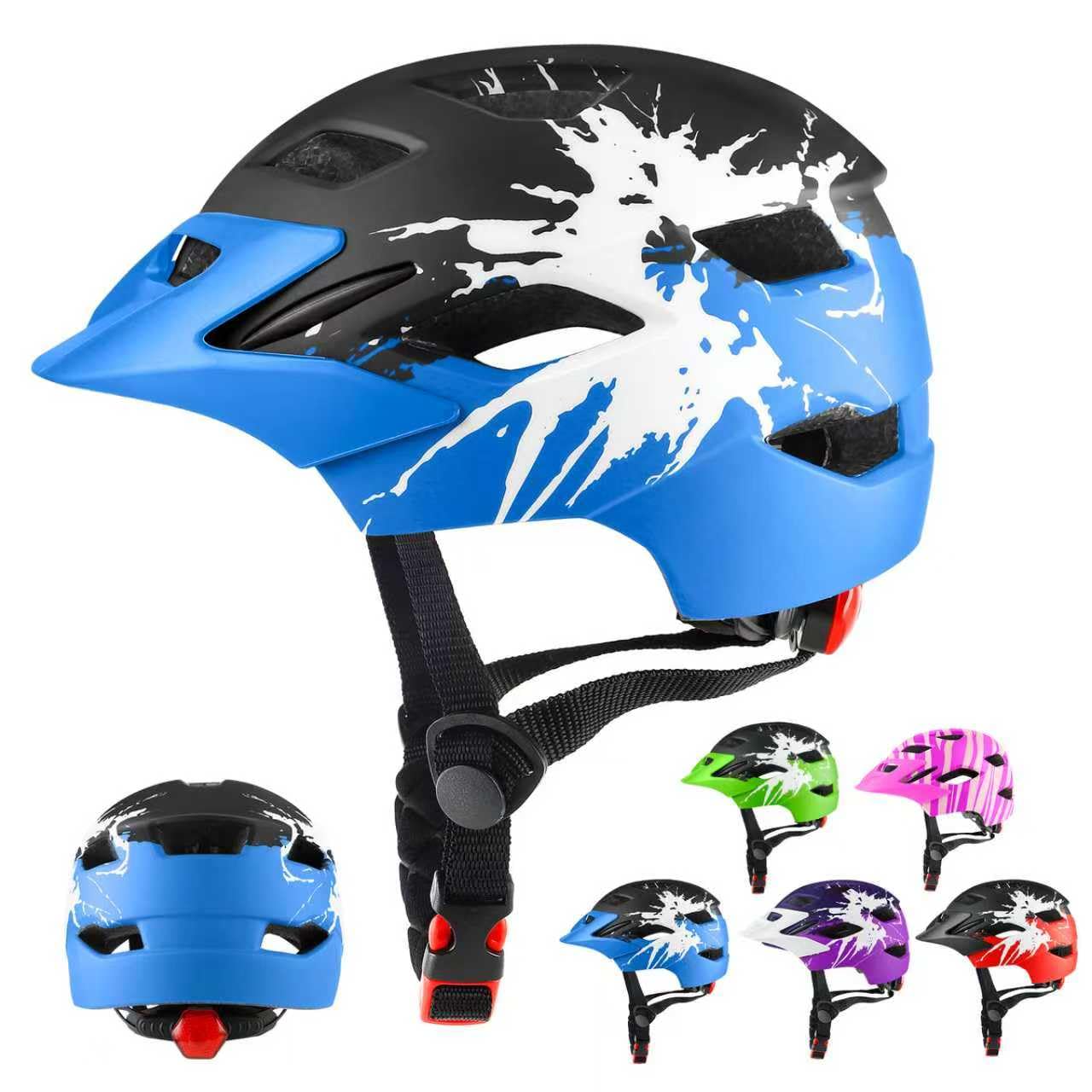 RaMokey Kinder Fahrradhelm mit LED-Rücklicht, 50-56 cm, Schwarz-Blau