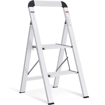 KINGRACK Leiter Aluminium, Trittleiter 2 stufen klappbar, leiter 2 stufen mit Handlauf, rutschfeste Haushaltsleiter mit Klappsicherung, Aluleiter Belastbar bis 150 kg, für Zuhause, Büro,Garten,Silber
