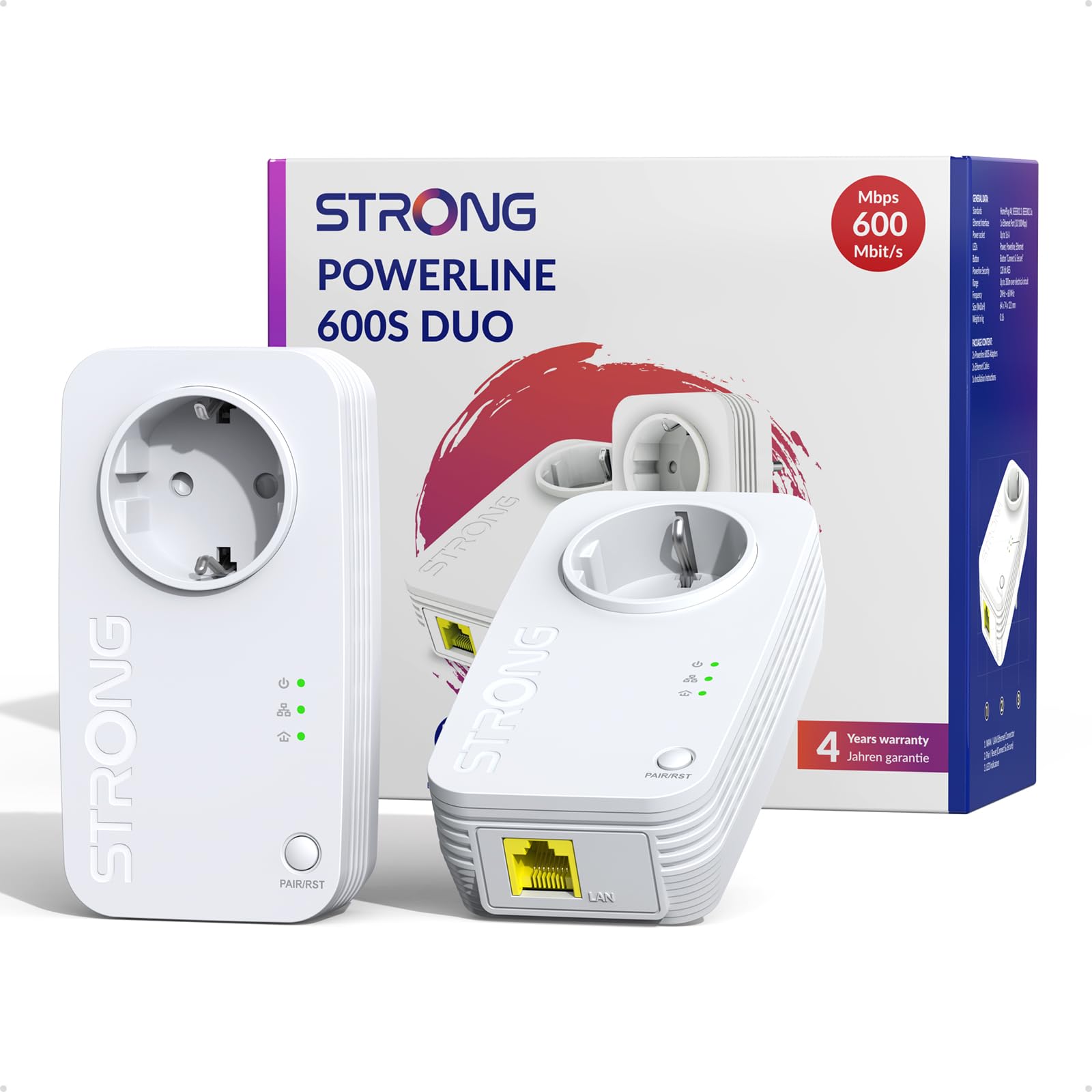 STRONG PL600S Powerline Adapter Set mit Steckdose, 600 Mbit/s und 100 Mbit/s LAN-Ports
