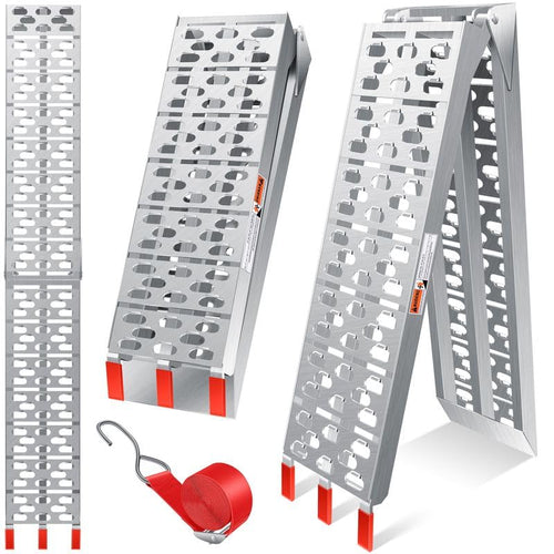 MASKO Auffahrrampe ALU Faltbar Verladerampe 340kg - Silber. Eine silberne, faltbare Aluminium-Rampe zum Verladen von Fahrzeugen oder Geräten.