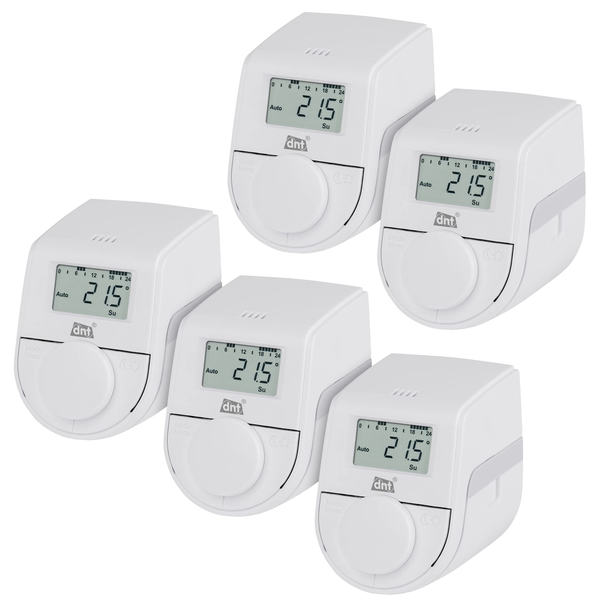 DNT ThermoTune Stand-Alone Heizkörperthermostat 5er-Set: Weiße, zylindrische für autonome Heizkörper-Temperaturregelung.