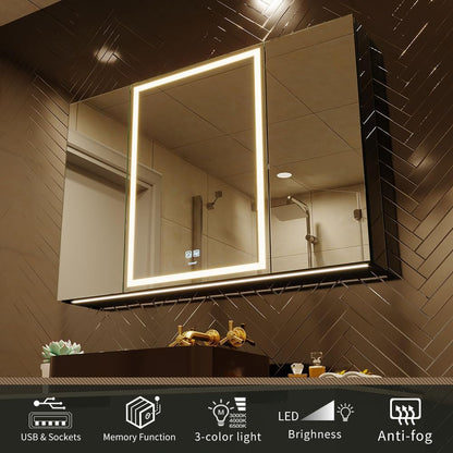 GANPE LED Beleuchteter Badezimmer Spiegelschrank – 3 Türen, 100x70 cm