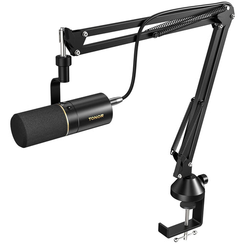 TONOR TD510+ Dynamisches Gaming Mikrofon Set mit Arm. Schwarzes, zylindrisches Mikrofon an Schwenkarm für Sprachaufnahme beim Gaming.