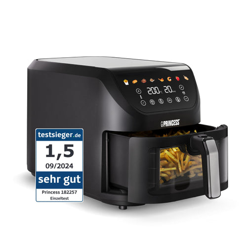 Princess SlimFry Heissluftfritteuse 8L Digital - 182257. Schwarzes 8L-Gerät mit Digitaldisplay für fettarmes Frittieren.