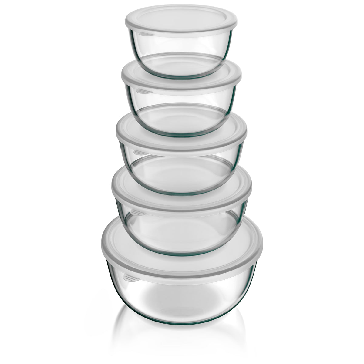Arendo Salatschüssel Set aus Glas mit Deckel, 5-teilig, 1,0–4,4 l – Borosilikatglas, stapelbar