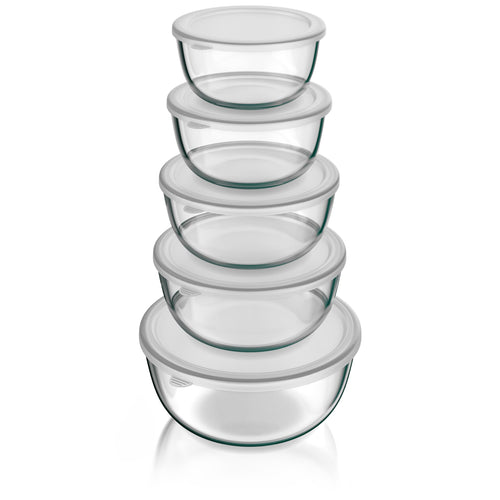 Arendo Salatschüssel Set aus Glas mit Deckel, 5-teilig, 1,0–4,4 l – Borosilikatglas, stapelbar