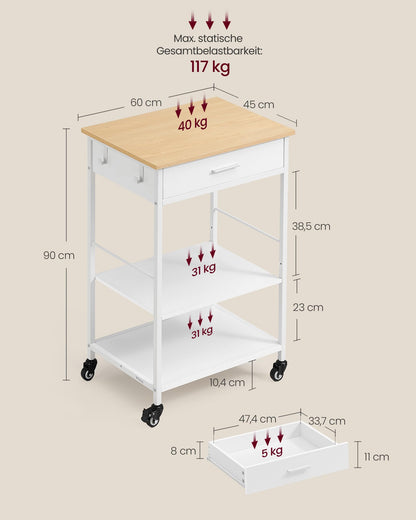 VASAGLE Küchenwagen mit Rollen und Schublade, eichenbeige-mattweiss