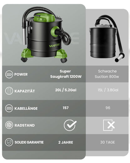 VANPORE Aschesauger 1200W 20L Fahrgestell - Grün