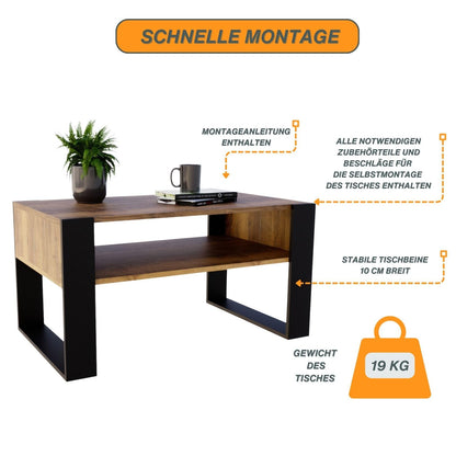 CraftPAK Couchtisch Holzwerkstoff mit Ablage – Retro-Schwarz