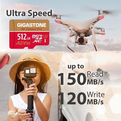 Gigastone 4K Kamera Pro Micro SD Karte 512GB A2 U3 V30 mit Adapter