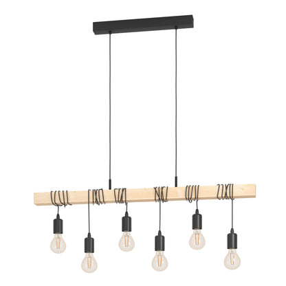 EGLO Townshend Pendelleuchte Industrial 6-flammig - Schwarz/Braun. Schwarze Metall-Pendelleuchte mit braunem Holzbalken für Raumbeleuchtung.