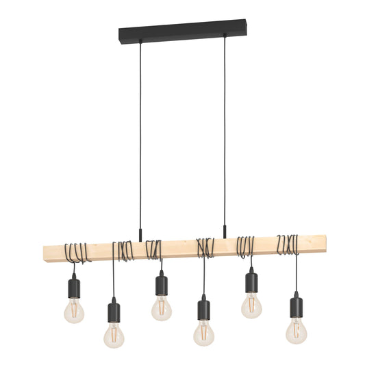 EGLO Townshend Pendelleuchte Industrial 6-flammig - Schwarz/Braun. Schwarze Metall-Pendelleuchte mit braunem Holzbalken für Raumbeleuchtung.