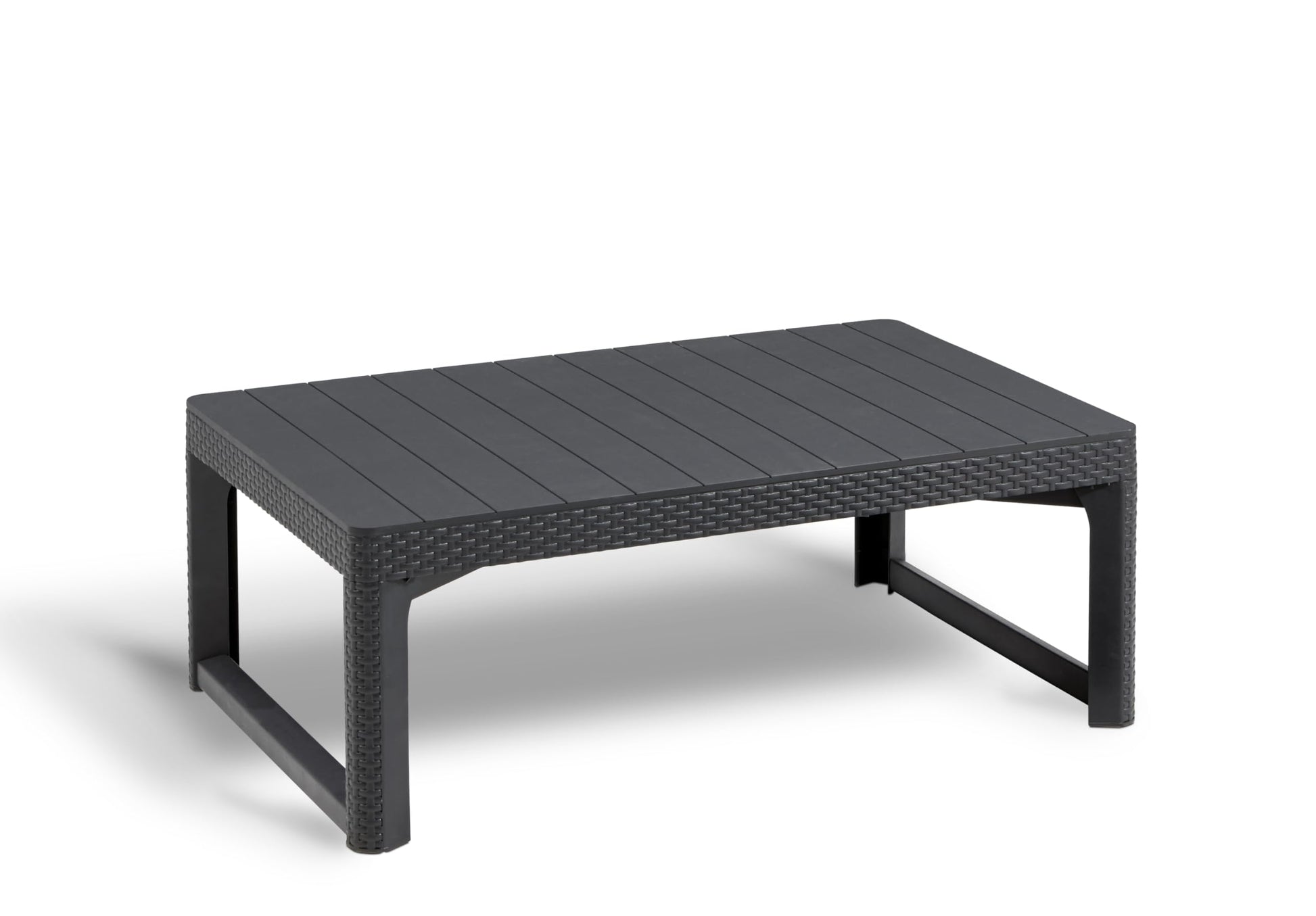 Keter Lyon Gartentisch höhenverstellbar - Graphit. Graphitfarbener, quadratischer Tisch. Höhenverstellbar für flexiblen Einsatz im Garten oder auf der Terrasse.
