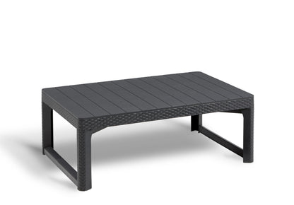 Keter Lyon Gartentisch höhenverstellbar - Graphit. Graphitfarbener, quadratischer Tisch. Höhenverstellbar für flexiblen Einsatz im Garten oder auf der Terrasse.

