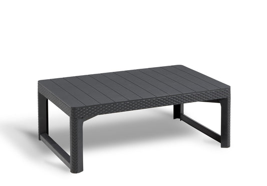 Keter Lyon Gartentisch höhenverstellbar - Graphit. Graphitfarbener, quadratischer Tisch. Höhenverstellbar für flexiblen Einsatz im Garten oder auf der Terrasse.
