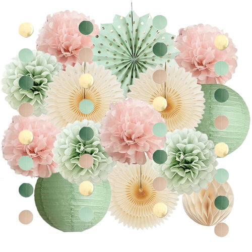 FETETIJD Party Deko Set Salbeigrün Rosa, Pompoms & Papierfächer – Papierdekoration für Geburtstag und Babyparty