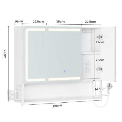 FORABAMB Spiegelschrank mit LED-Beleuchtung, 3 Türen, 80 cm, Weiss