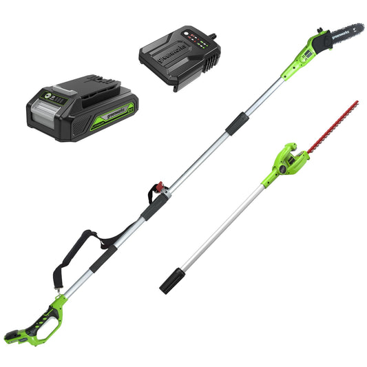 Greenworks G24PSHK2 Akku 2-in-1 Stabheckenschere & Hochentaster. Teleskopgerät mit Heckenscheren- & Kettensägeaufsatz für hohe Hecken/Äste.