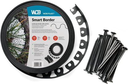 WDB Smart Border Rasenkante flexibel aus Kunststoff, 20 m, schwarz, 4 cm hoch, mit 40 Erdankern