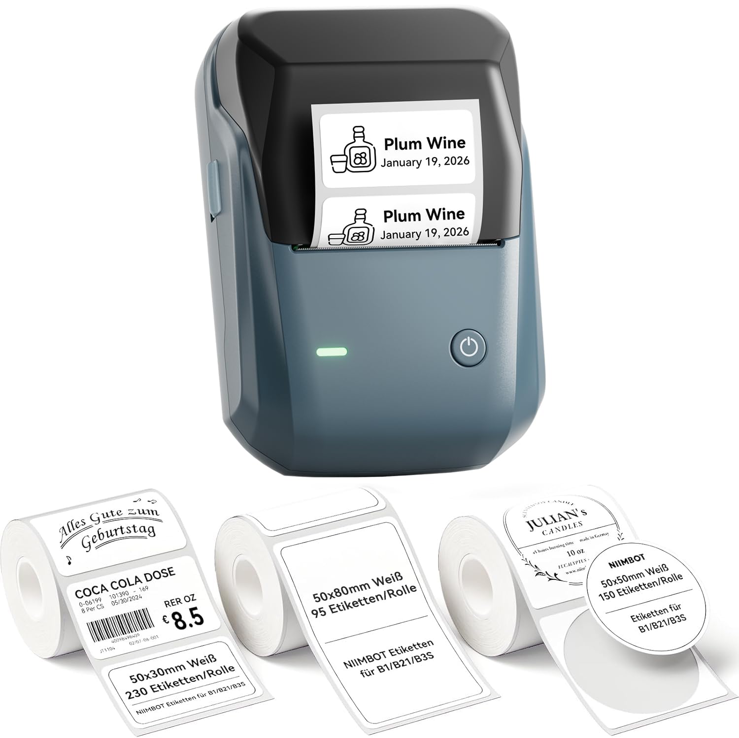 NIIMBOT B1 Etikettendrucker Bluetooth mit 3 Etikettenrollen, Thermodrucker in Blau-Grau