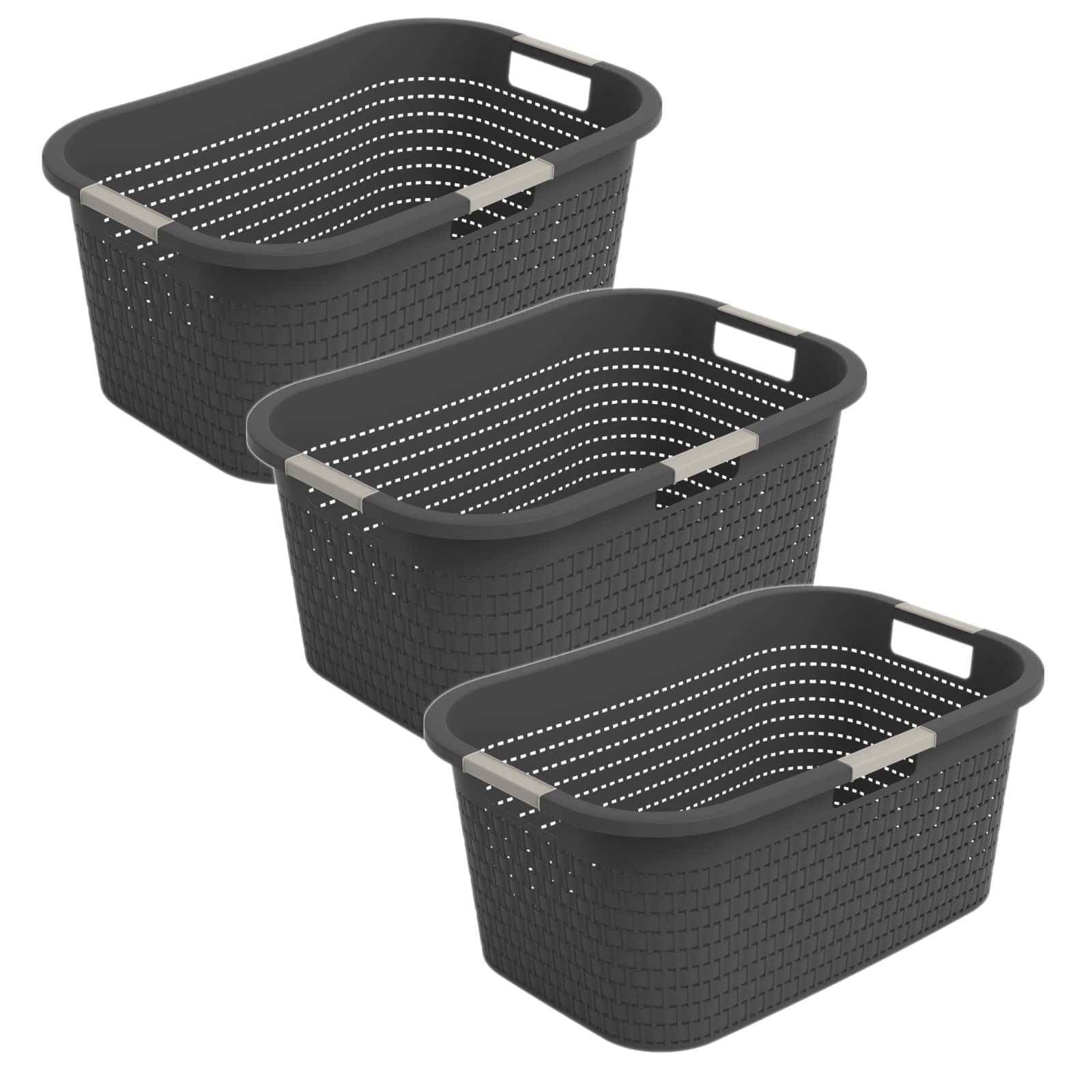 Rotho Country Wäschekorb 3er-Set 40 l, Kunststoff, anthrazit, Rattan-Struktur, drei Tragegriffe