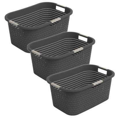Rotho Country Wäschekorb 3er-Set 40 l, Kunststoff, anthrazit, Rattan-Struktur, drei Tragegriffe