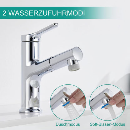 DETBOM Waschtischarmatur ausziehbare Brause Einhebelmischer Chrom