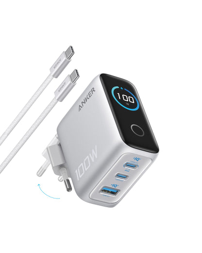 Anker 100W USB-C Ladegerät, 3-Port GaN Wandladegerät mit Smart Display zum Laden von MacBook, iPad und iPhone