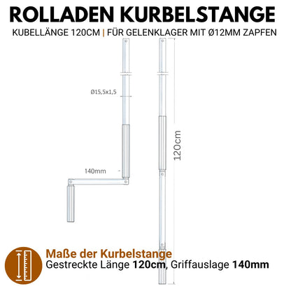 markiso Rolladen-Kurbelstange 120 cm, Aluminium weiss, Ø 12 mm Zapfen