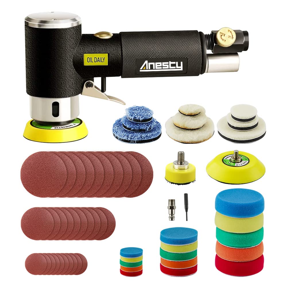 Anesty Druckluft Exzenterschleifer Mini Poliermaschine Set 25/50/75 mm, handlich, mit Gummigriff