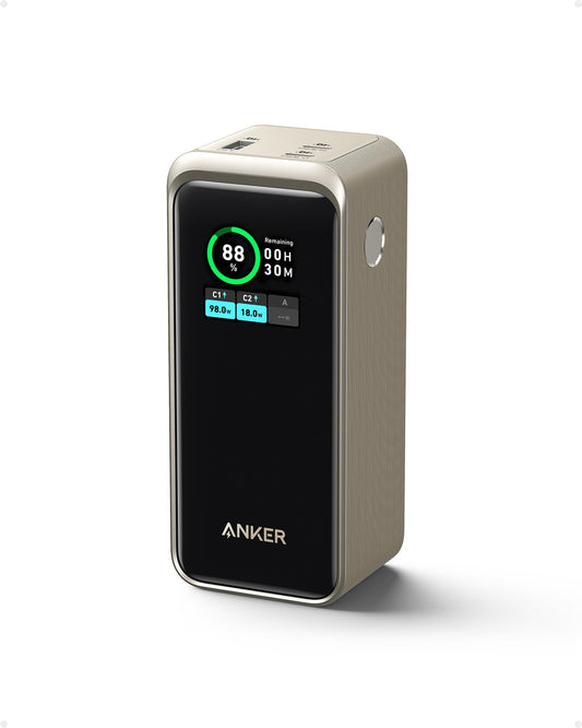 Anker Prime Powerbank 20.000mAh 200W, goldene, kompakte Form. Lädt mehrere Geräte gleichzeitig mit bis zu 200W Leistung.