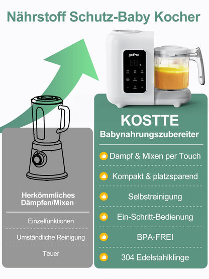 KOSTTE Babynahrungszubereiter 6-in-1 mit Dampfgarer und Mixer, Weiss