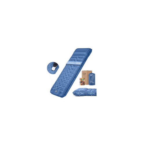 HIKENTURE Isomatte ultraleicht 12 cm mit Kissen und Fusspumpe, blau, wellenförmige Liegefläche