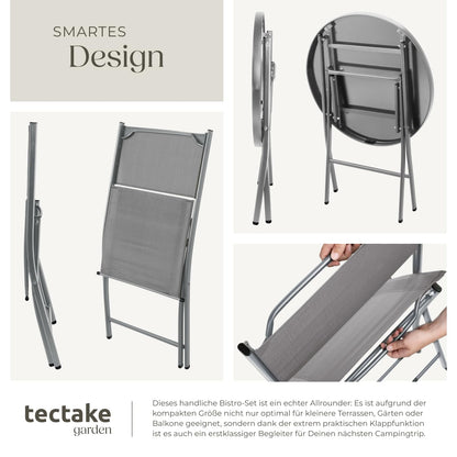 tectake Bistroset 3-teilig: Klapptisch rund und 2 Klappstühle, grau
