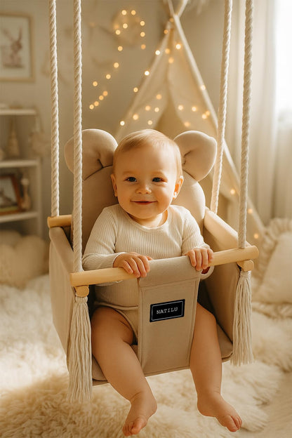 NATILU Bär Light Beige Velvet Babyschaukel - Indoor Outdoor